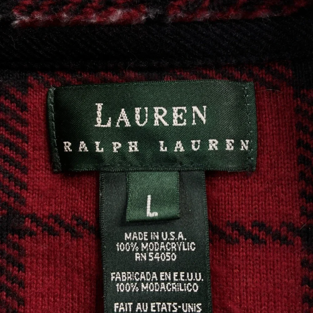 Lauren Ralph Lauren 1/4 Zip Plaid Fleece Men's Medium Red Tartan USA‎ Made VTG